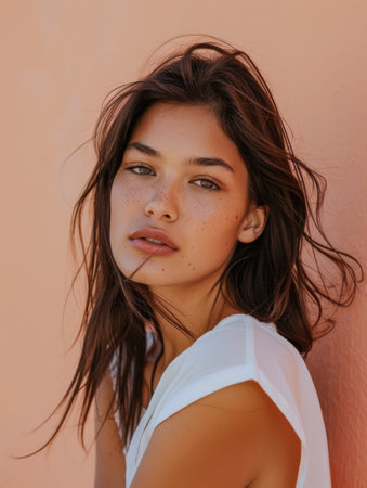 Portrait of a young diverse woman isolated on a peach copyspace background for textの素材