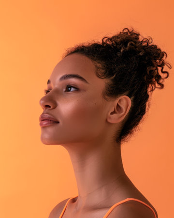 Portrait of a young diverse woman isolated on a peach copyspace background for textの素材