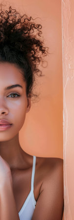 Portrait of a young diverse woman isolated on a peach copyspace background for textの素材