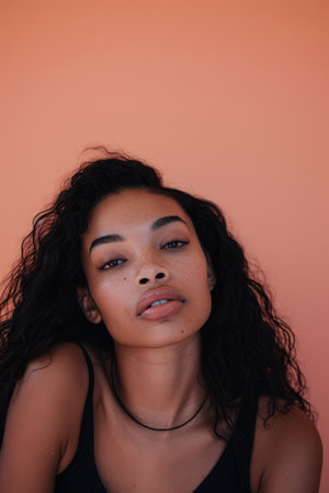 Portrait of a young diverse woman isolated on a peach copyspace background for textの素材