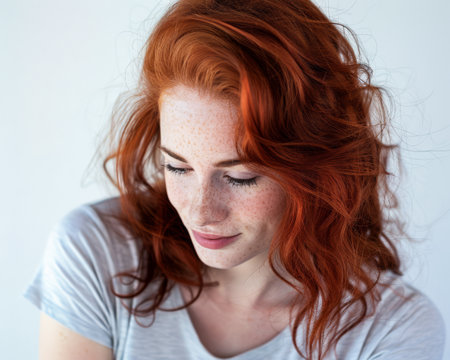 Young redhead woman portrait with copyspaceの素材