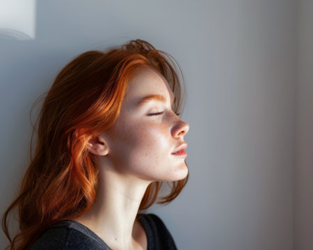 Young redhead woman portrait with copyspaceの素材