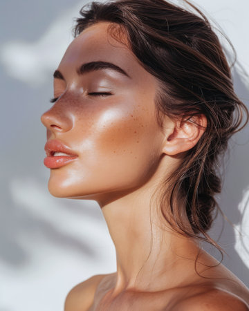 Young woman portrait showcasing her skin care with a a copy space backgroundの素材