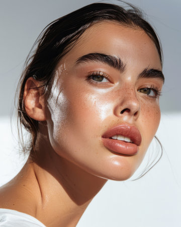 Young woman portrait showcasing her skin care with a a copy space backgroundの素材