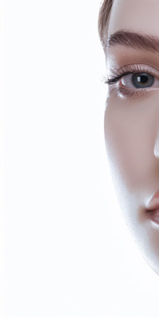 Young woman portrait showcasing her skin care with a a copy space backgroundの素材