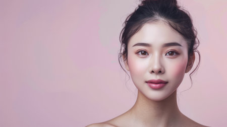 Young Asian woman portrait showcasing her skin care with a a copy space backgroundの素材