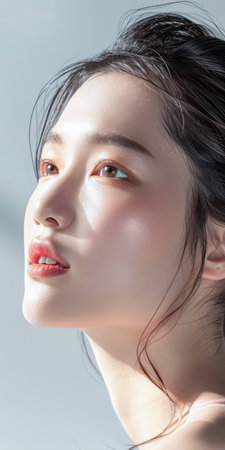 Young Asian woman portrait showcasing her skin care with a a copy space backgroundの素材