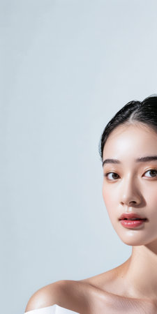 Young Asian woman portrait showcasing her skin care with a a copy space backgroundの素材