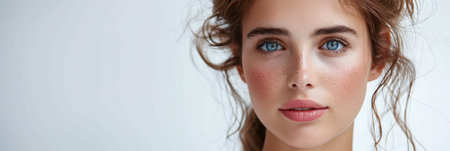 Young woman portrait showcasing her skin care with a a copy space backgroundの素材