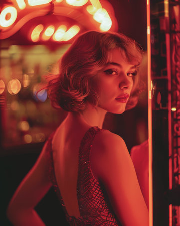 Vintage portrait of fashionable young woman with cinematic glamourの素材