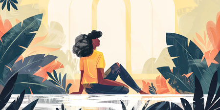 Vivid illustration on a woman in her relaxing momentの素材