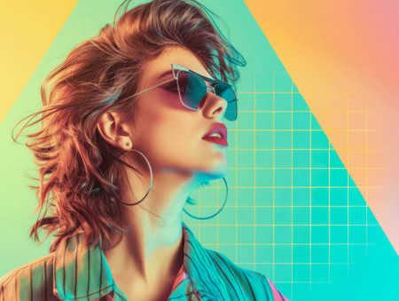 Portrait of a young woman from the 80s isolated from the backgroundの素材