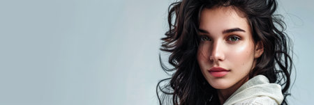 Beaty portrait of a natural young woman with a soft grey copy space backgroundの素材