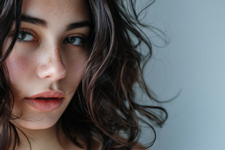 Beaty portrait of a natural young woman with a soft grey copy space backgroundの素材