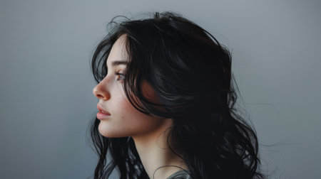 Beaty portrait of a natural young woman with a soft grey copy space backgroundの素材