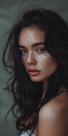 Beaty portrait of a natural young woman with a soft grey copy space backgroundの素材