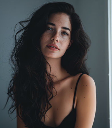 Beaty portrait of a natural young woman with a soft grey copy space backgroundの素材