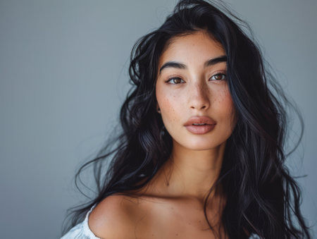 Beaty portrait of a natural young woman with a soft grey copy space backgroundの素材