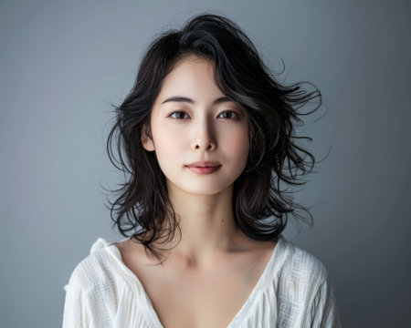 Beauty portrait of a natural young Japanese woman with a soft grey copy space backgroundの素材