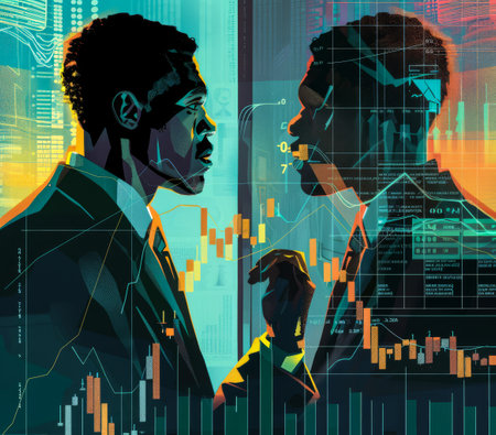 Trader dealing with dynamic data analysis and market analytics in a high-tech digital environmentの素材