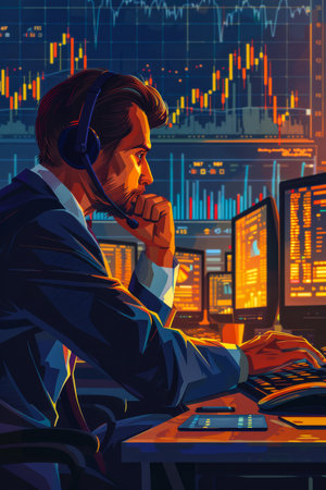Trader dealing with dynamic data analysis and market analytics in a high-tech digital environmentの素材