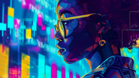 Trader dealing with dynamic data analysis and market analytics in a high-tech digital environmentの素材