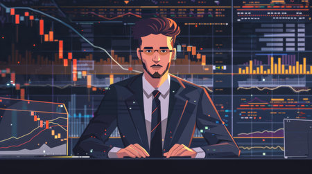 Trader dealing with dynamic data analysis and market analytics in a high-tech digital environmentの素材