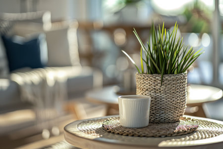 Elegant and cozy living room interior with modern home decor and natural texturesの素材