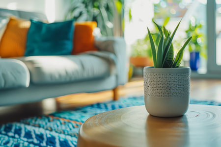 Elegant and cozy living room interior with modern home decor and natural texturesの素材