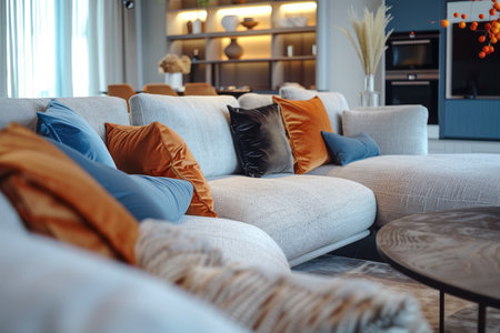 Elegant and cozy living room interior with modern home decor and natural texturesの素材