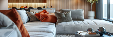 Elegant and cozy living room interior with modern home decor and natural texturesの素材