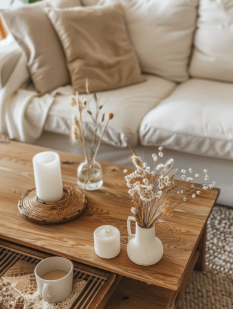 Elegant and cozy living room interior with modern home decor and natural texturesの素材