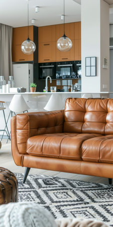 Elegant and cozy living room interior with modern home decor and natural texturesの素材