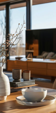 Elegant and cozy living room interior with modern home decor and natural texturesの素材