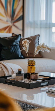 Elegant and cozy living room interior with modern home decor and natural texturesの素材