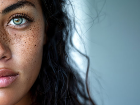 Portrait of a beautiful young woman with an intense gaze and freckles isolated from the copy space backgroundの素材