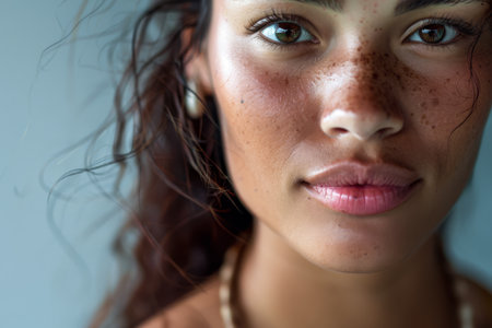 Portrait of a beautiful young woman with an intense gaze and freckles isolated from the copy space backgroundの素材