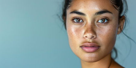 Portrait of a beautiful young woman with an intense gaze and freckles isolated from the copy space backgroundの素材