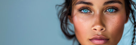 Portrait of a beautiful young woman with an intense gaze and freckles isolated from the copy space backgroundの素材