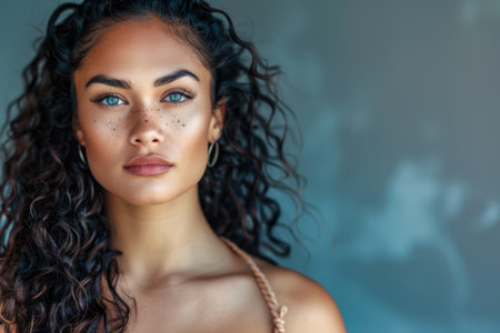 Portrait of a beautiful young woman with an intense gaze and freckles isolated from the copy space backgroundの素材