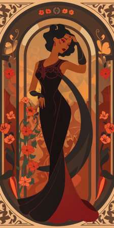 Portrait of an elegant art nouveau woman with a vintage touch and floral detailsの素材