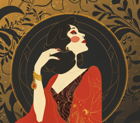 Portrait of an elegant art nouveau woman with a vintage touch and floral detailsの素材
