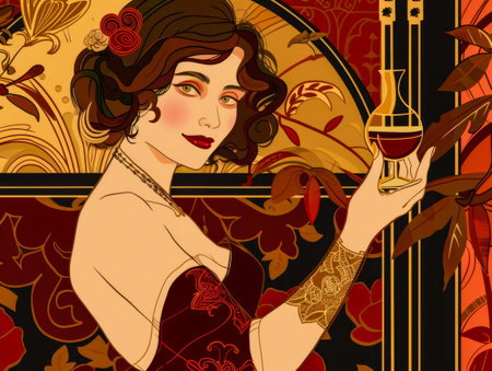 Portrait of an elegant art nouveau woman with a vintage touch and floral detailsの素材