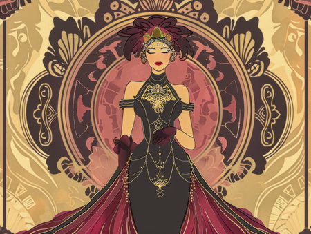 Portrait of an elegant art nouveau woman with a vintage touch and floral detailsの素材
