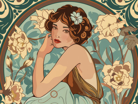 Portrait of an elegant art nouveau woman with a vintage touch and floral detailsの素材