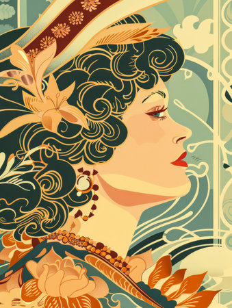 Portrait of an elegant art nouveau woman with a vintage touch and floral detailsの素材