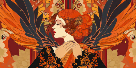 Portrait of an elegant art nouveau woman with a vintage touch and floral detailsの素材