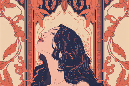 Portrait of an elegant art nouveau woman with a vintage touch and floral detailsの素材