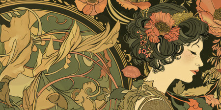 Portrait of an elegant art nouveau woman with a vintage touch and floral detailsの素材