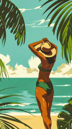 Retro vintage 70s woman at the beach illustration with vibrant colorsの素材